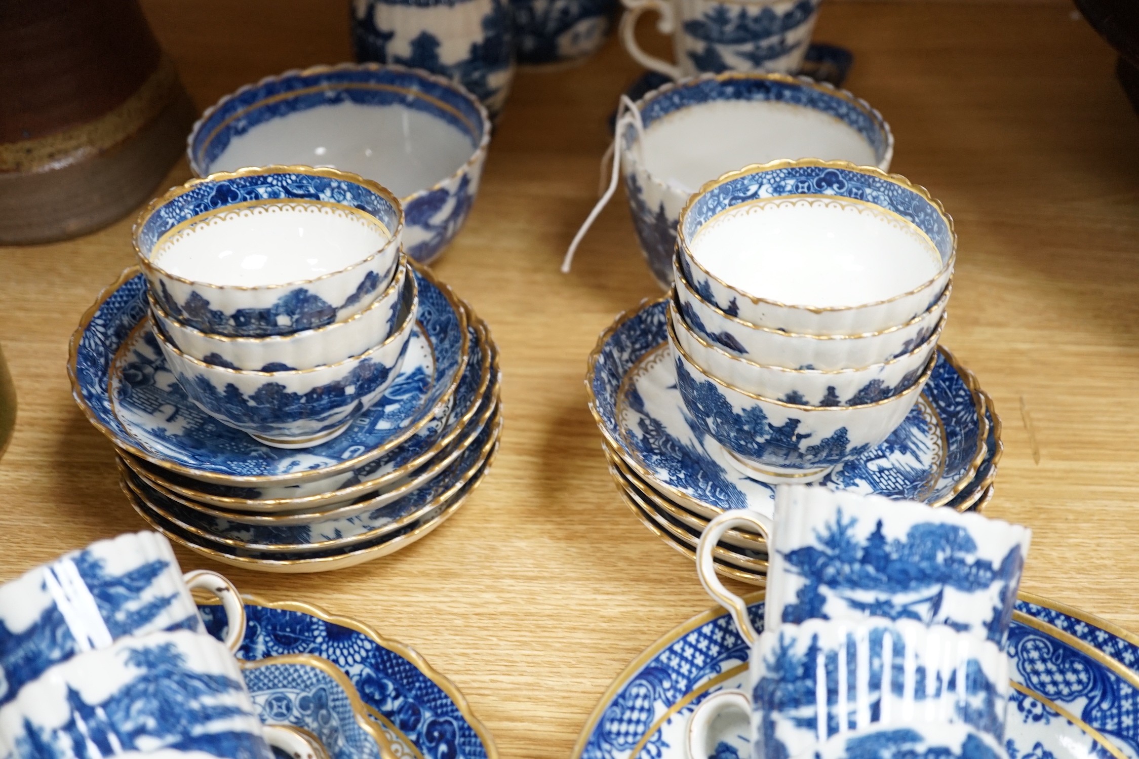A Caughley blue and white fluted part tea and coffee service, c.1780